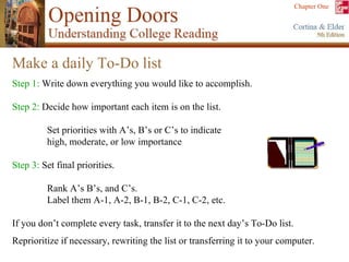 Make a daily To-Do list Step 1:  Write down everything you would like to accomplish. Step 2:  Decide how important each item is on the list. Set priorities with A’s, B’s or C’s to indicate  high, moderate, or low importance Step 3:  Set final priorities.  Rank A’s B’s, and C’s. Label them A-1, A-2, B-1, B-2, C-1, C-2, etc. If you don’t complete every task, transfer it to the next day’s To-Do list. Reprioritize if necessary, rewriting the list or transferring it to your computer. 