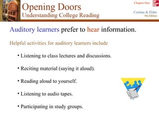 Auditory learners  prefer to  hear  information. Helpful activities for auditory learners include Listening to class lectures and discussions. Reciting material (saying it aloud). Reading aloud to yourself. Listening to audio tapes. Participating in study groups. 