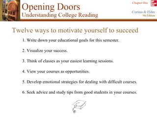 1. Write down your educational goals for this semester. 2. Visualize your success. 3. Think of classes as your easiest learning sessions. 4. View your courses as opportunities. 5. Develop emotional strategies for dealing with difficult courses. 6. Seek advice and study tips from good students in your courses. Twelve ways to motivate yourself to succeed 