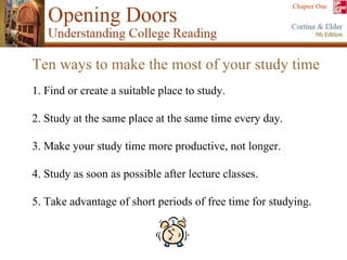 1. Find or create a suitable place to study. 2. Study at the same place at the same time every day. 3. Make your study time more productive, not longer. 4. Study as soon as possible after lecture classes. 5. Take advantage of short periods of free time for studying. Ten ways to make the most of your study time 