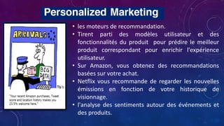 • les moteurs de recommandation.
• Tirent parti des modèles utilisateur et des
fonctionnalités du produit pour prédire le meilleur
produit correspondant pour enrichir l'expérience
utilisateur.
• Sur Amazon, vous obtenez des recommandations
basées sur votre achat.
• Netflix vous recommande de regarder les nouvelles
émissions en fonction de votre historique de
visionnage.
• l'analyse des sentiments autour des événements et
des produits.
 