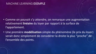 MACHINE LEARNING:EXEMPLE
• Comme on pouvait s’y attendre, on remarque une augmentation
relativement linéaire du loyer par rapport à la surface de
l’appartement.
• Une première modélisation simple du phénomène (le prix du loyer)
serait donc simplement de considérer la droite la plus “proche” de
l’ensemble des points.
 