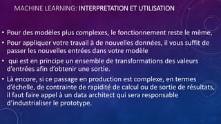 MACHINE LEARNING: INTERPRETATION ET UTILISATION
• Pour des modèles plus complexes, le fonctionnement reste le même,
• Pour appliquer votre travail à de nouvelles données, il vous suffit de
passer les nouvelles entrées dans votre modèle
• qui est en principe un ensemble de transformations des valeurs
d’entrées afin d’obtenir une sortie.
• Là encore, si ce passage en production est complexe, en termes
d’échelle, de contrainte de rapidité de calcul ou de sortie de résultats,
il faut faire appel à un data architect qui sera responsable
d’industrialiser le prototype.
 