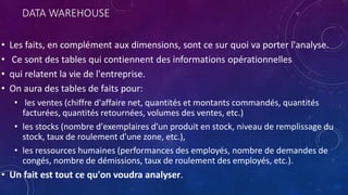 DATA WAREHOUSE
• Les faits, en complément aux dimensions, sont ce sur quoi va porter l'analyse.
• Ce sont des tables qui contiennent des informations opérationnelles
• qui relatent la vie de l'entreprise.
• On aura des tables de faits pour:
• les ventes (chiffre d'affaire net, quantités et montants commandés, quantités
facturées, quantités retournées, volumes des ventes, etc.)
• les stocks (nombre d'exemplaires d'un produit en stock, niveau de remplissage du
stock, taux de roulement d'une zone, etc.),
• les ressources humaines (performances des employés, nombre de demandes de
congés, nombre de démissions, taux de roulement des employés, etc.).
• Un fait est tout ce qu'on voudra analyser.
 