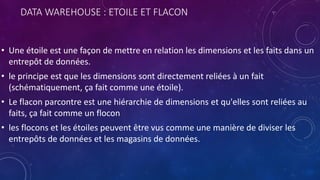 DATA WAREHOUSE : ETOILE ET FLACON
• Une étoile est une façon de mettre en relation les dimensions et les faits dans un
entrepôt de données.
• le principe est que les dimensions sont directement reliées à un fait
(schématiquement, ça fait comme une étoile).
• Le flacon parcontre est une hiérarchie de dimensions et qu'elles sont reliées au
faits, ça fait comme un flocon
• les flocons et les étoiles peuvent être vus comme une manière de diviser les
entrepôts de données et les magasins de données.
 