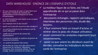 DATA WAREHOUSE : ENONCE DE L’EXEMPLE D’ETOILE
• On vous demande de créer un data Mart (une
étoile) pour l'analyse de l'activité des
représentants d'une entreprise de vente
d'imprimantes.
• Le chef d'entreprise veut savoir ce qui se passe
pour ses vendeurs.
• Les employés font ils leur travail?
• quelle est la zone de couverture des vendeurs?
• ou sont les endroits où les vendeurs sont le
moins efficaces?
• quelle est la moyenne de ventes des
représentants?
• L'entreprise possède un système de gestion de
ressources humaines,
• un système de gestion des ventes
• des feuilles de routes avec des informations
concernant les vendeurs : kilomètres
parcourus, litres d'essence utilisée, frais de
voyage, ventes, promesses de ventes, etc.
 La meilleur façon de ce faire, est l'étude
approfondie de ce qui se passe dans
l'entreprise
 documents échangés, rapports périodiques,
interviews des personnes clés, étude des
besoins.
 Il faut vraiment faire un travail d'acteur, et
rentrer dans la peau de chaque utilisateur,
 savoir comment les analystes organisent leurs
raisonnements,
 savoir ce que voient les décideurs avant de
décider, connaître les indicateurs de bonne
santé de l'entreprise
 