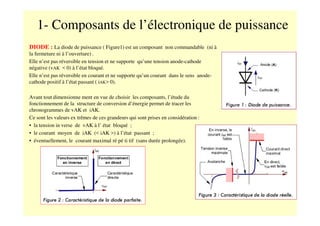 1- Composants de l’électronique de puissance
DIODE : La diode de puissance ( Figure1) est un composant non commandable (ni à
la fermeture ni à l’ouverture) .
Elle n’est pas réversible en tension et ne supporte qu’une tension anode-cathode
négative (vAK < 0) à l’état bloqué.
Elle n’est pas réversible en courant et ne supporte qu’un courant dans le sens anode-
cathode positif à l’état passant ( iAK> 0).
Avant tout dimensionne ment en vue de choisir les composants, l’étude du
fonctionnement de la structure de conversion d’énergie permet de tracer les
chronogrammes de vAK et iAK.
Ce sont les valeurs ex trêmes de ces grandeurs qui sont prises en considération :
• la tension in verse de vAK à l’ état bloqué ;
• le courant moyen de iAK (< iAK >) à l’état passant ;
• éventuellement, le courant maximal ré pé ti tif (sans durée prolongée).
 