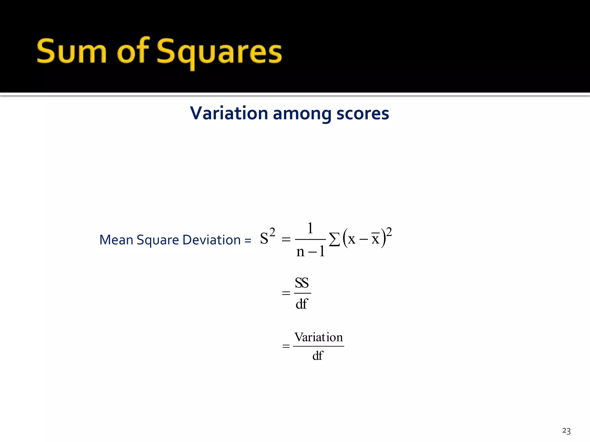 Variation among scores
  

 22
xx
1n
1
SMean Square Deviation =
df
Variation

df
SS

23
 