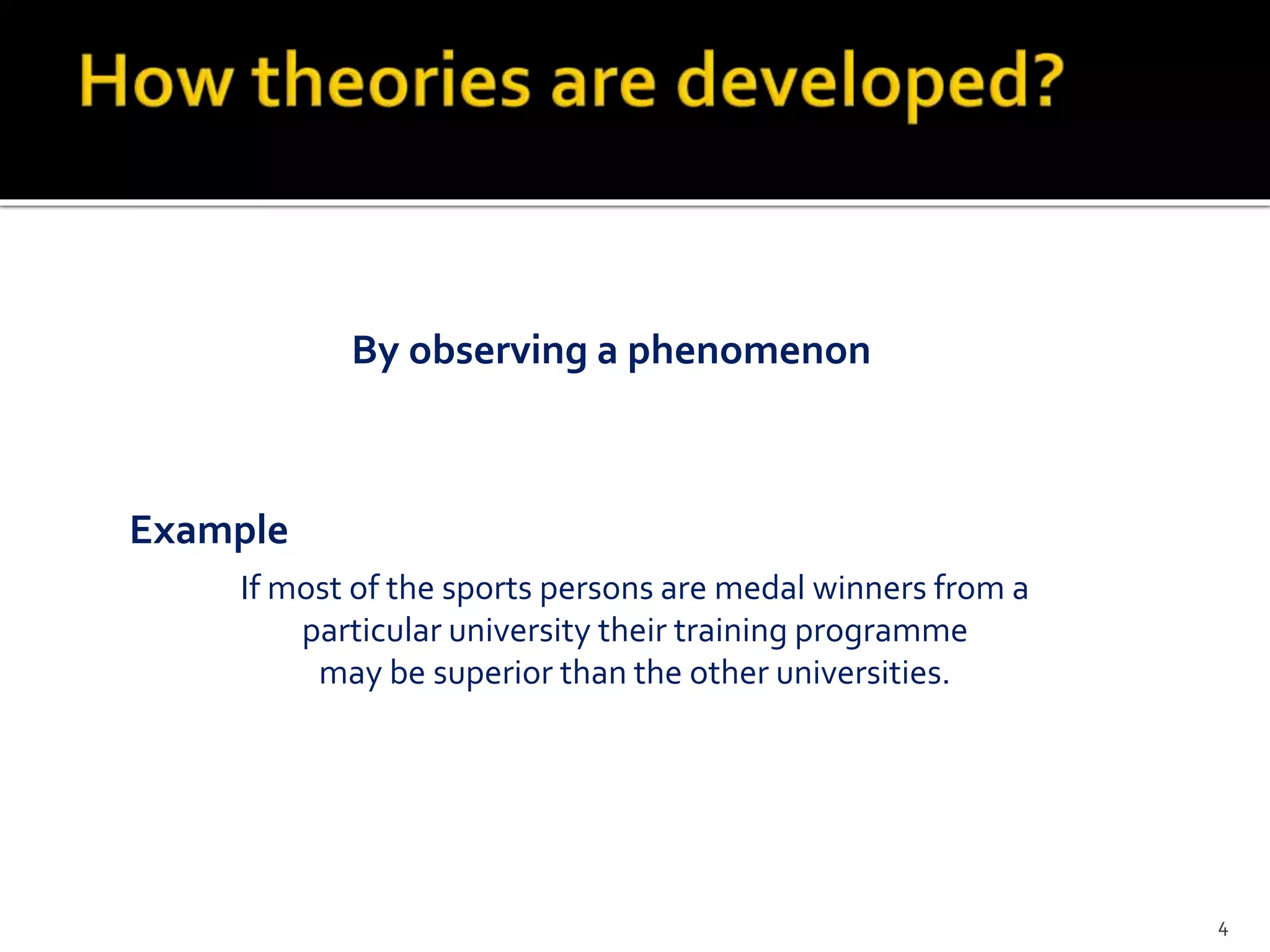 If most of the sports persons are medal winners from a
particular university their training programme
may be superior than the other universities.
By observing a phenomenon
Example
4
 
