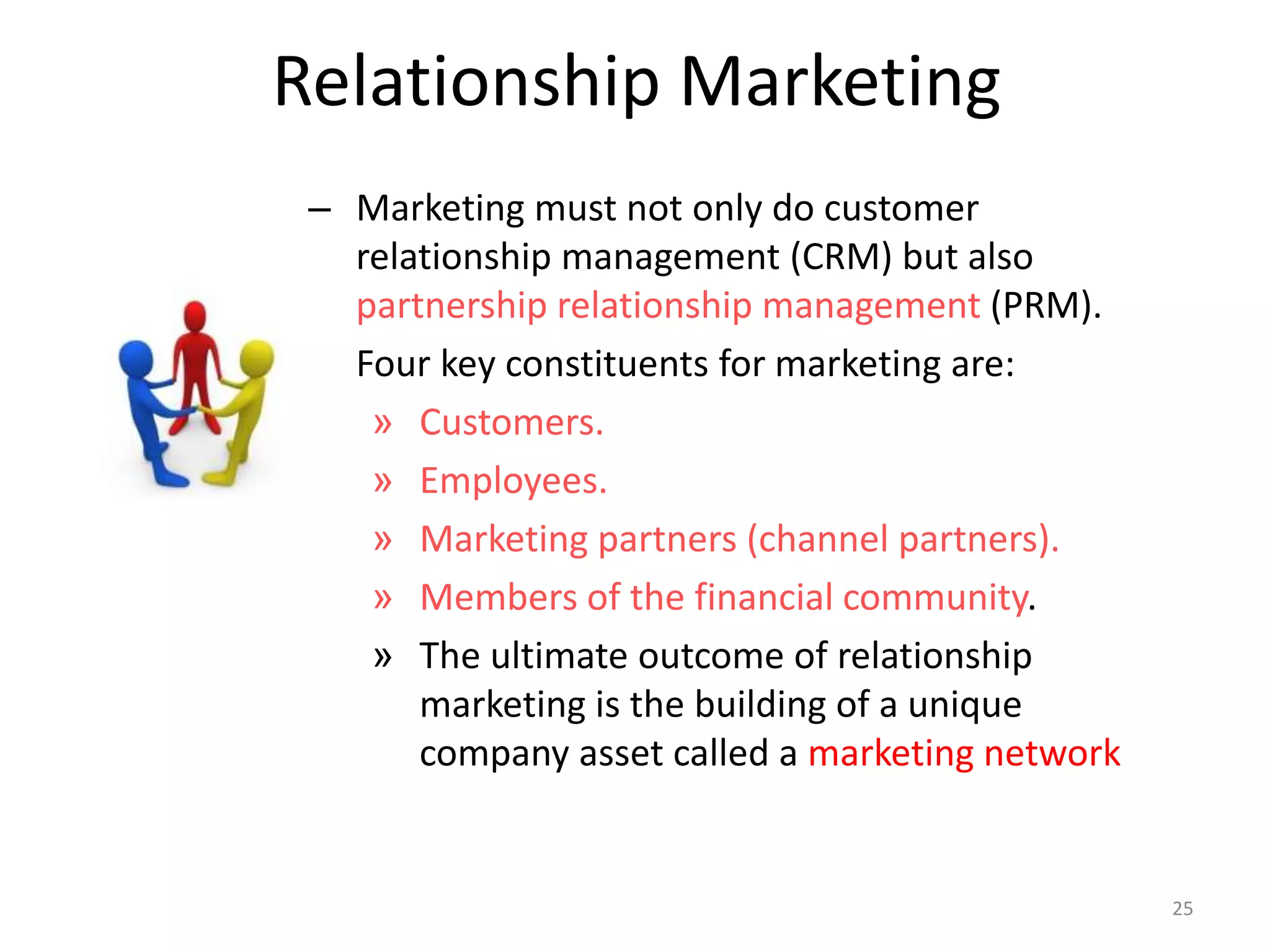 Relationship Marketing
– Marketing must not only do customer
relationship management (CRM) but also
partnership relationship management (PRM).
– Four key constituents for marketing are:
» Customers.
» Employees.
» Marketing partners (channel partners).
» Members of the financial community.
» The ultimate outcome of relationship
marketing is the building of a unique
company asset called a marketing network
25
 