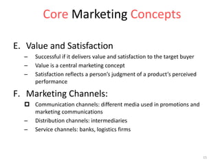 E. Value and Satisfaction
– Successful if it delivers value and satisfaction to the target buyer
– Value is a central marketing concept
– Satisfaction reflects a person’s judgment of a product’s perceived
performance
F. Marketing Channels:
 Communication channels: different media used in promotions and
marketing communications
– Distribution channels: intermediaries
– Service channels: banks, logistics firms
Core Marketing Concepts
15
 