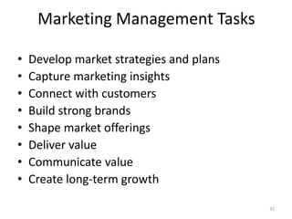 Marketing Management Tasks
• Develop market strategies and plans
• Capture marketing insights
• Connect with customers
• Build strong brands
• Shape market offerings
• Deliver value
• Communicate value
• Create long-term growth
33
 