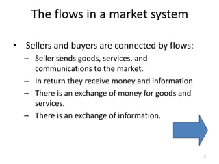The flows in a market system
• Sellers and buyers are connected by flows:
– Seller sends goods, services, and
communications to the market.
– In return they receive money and information.
– There is an exchange of money for goods and
services.
– There is an exchange of information.
8
 