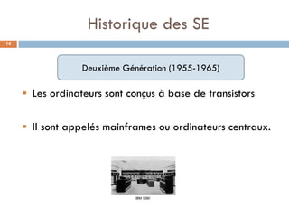 Historique des SE
 Les ordinateurs sont conçus à base de transistors
 Il sont appelés mainframes ou ordinateurs centraux.
Deuxième Génération (1955-1965)
IBM 7090
14
 