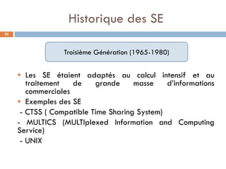 Historique des SE
 Les SE étaient adaptés au calcul intensif et au
traitement de grande masse d’informations
commerciales
 Exemples des SE
- CTSS ( Compatible Time Sharing System)
- MULTICS (MULTIplexed Information and Computing
Service)
- UNIX
Troisième Génération (1965-1980)
22
 