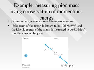 •
•

Example: measuring pion mass
using conservation of momentumenergy

pi meson decays into a muon + massless neutrino
If the mass of the muon is known to be 106 MeV/c2, and
the kinetik energy of the muon is measured to be 4.6 MeV,
find the mass of the pion

112

 