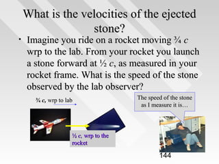 •

What is the velocities of the ejected
stone?

Imagine you ride on a rocket moving ¾ c
wrp to the lab. From your rocket you launch
a stone forward at ½ c, as measured in your
rocket frame. What is the speed of the stone
observed by the lab observer?
¾ c, wrp to lab

The speed of the stone
as I measure it is…

½ c, wrp to the
rocket

144

 