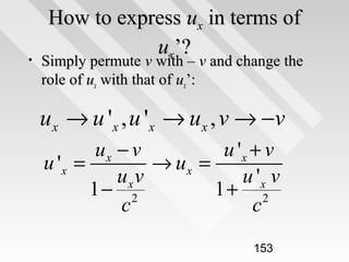 •

How to express ux in terms of
ux’?

Simply permute v with – v and change the
role of ux with that of ux’:

u x → u ' x , u ' x → u x , v → −v
ux − v
u 'x + v
u 'x =
→ ux =
ux v
u 'x v
1− 2
1+ 2
c
c
153

 