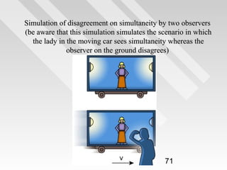 Simulation of disagreement on simultaneity by two observers
(be aware that this simulation simulates the scenario in which
the lady in the moving car sees simultaneity whereas the
observer on the ground disagrees)

71

 