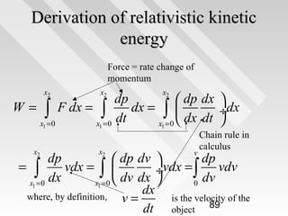 Derivation of relativistic kinetic
energy
Force = rate change of
momentum
x2

x2

x2

dp
 dp dx 
W = ∫ F dx = ∫
dx = ∫ 
÷dx
dt
dx dt 
x1 = 0
x1 = 0
x1 = 0 
x2

x2

v

Chain rule in
calculus

dp
dp
 dp dv 
= ∫
vdx = ∫ 
÷vdx = ∫ vdv
dx
dv dx 
dv
x1 = 0
x1 = 0 
0
dx
where, by definition,
is the velocity of the
v=
dt object 89

 