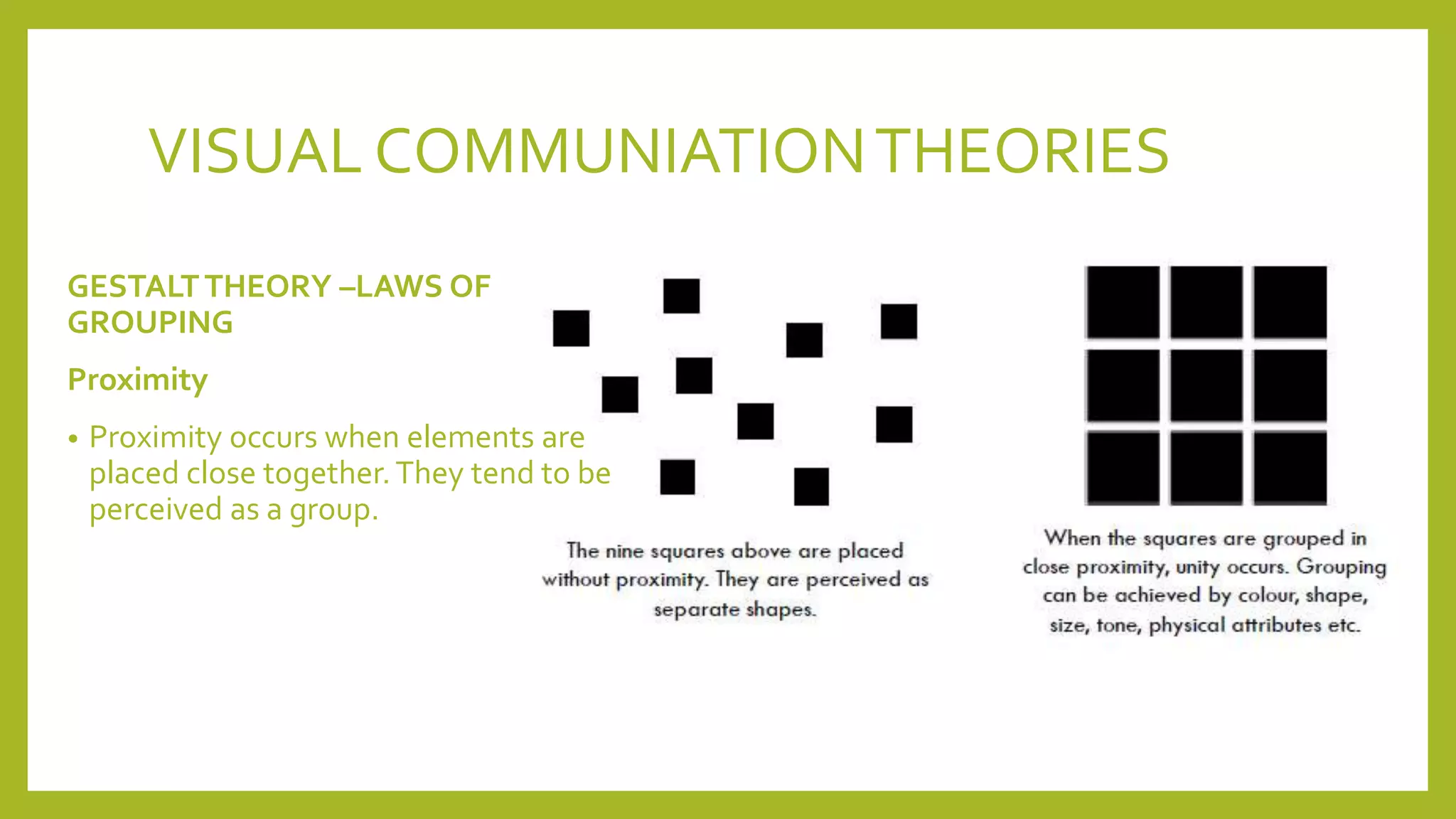 VISUAL COMMUNIATIONTHEORIES
GESTALTTHEORY –LAWS OF
GROUPING
Proximity
• Proximity occurs when elements are
placed close together.They tend to be
perceived as a group.
 
