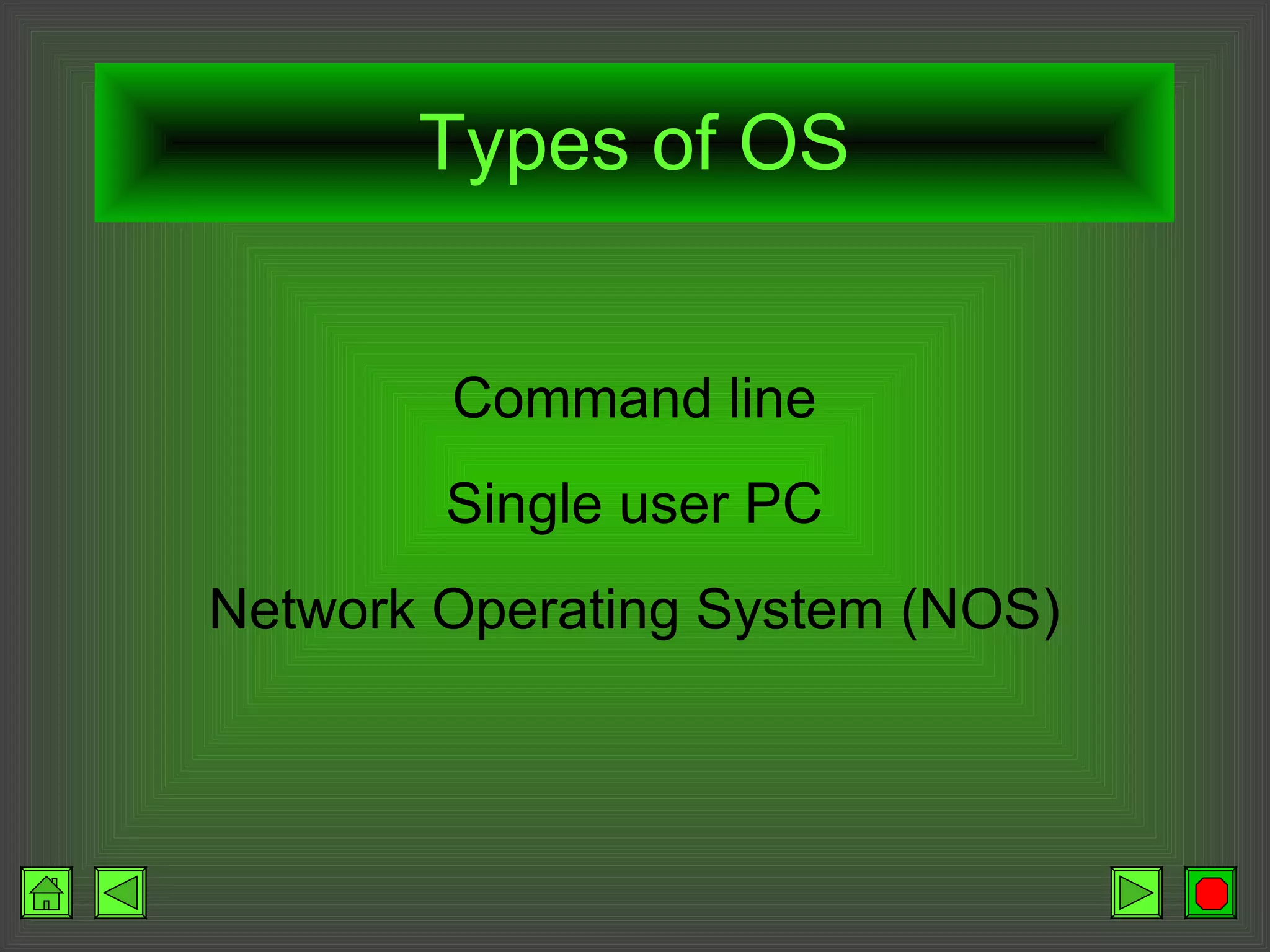 Types of OS Command line Single user PC Network Operating System (NOS) 