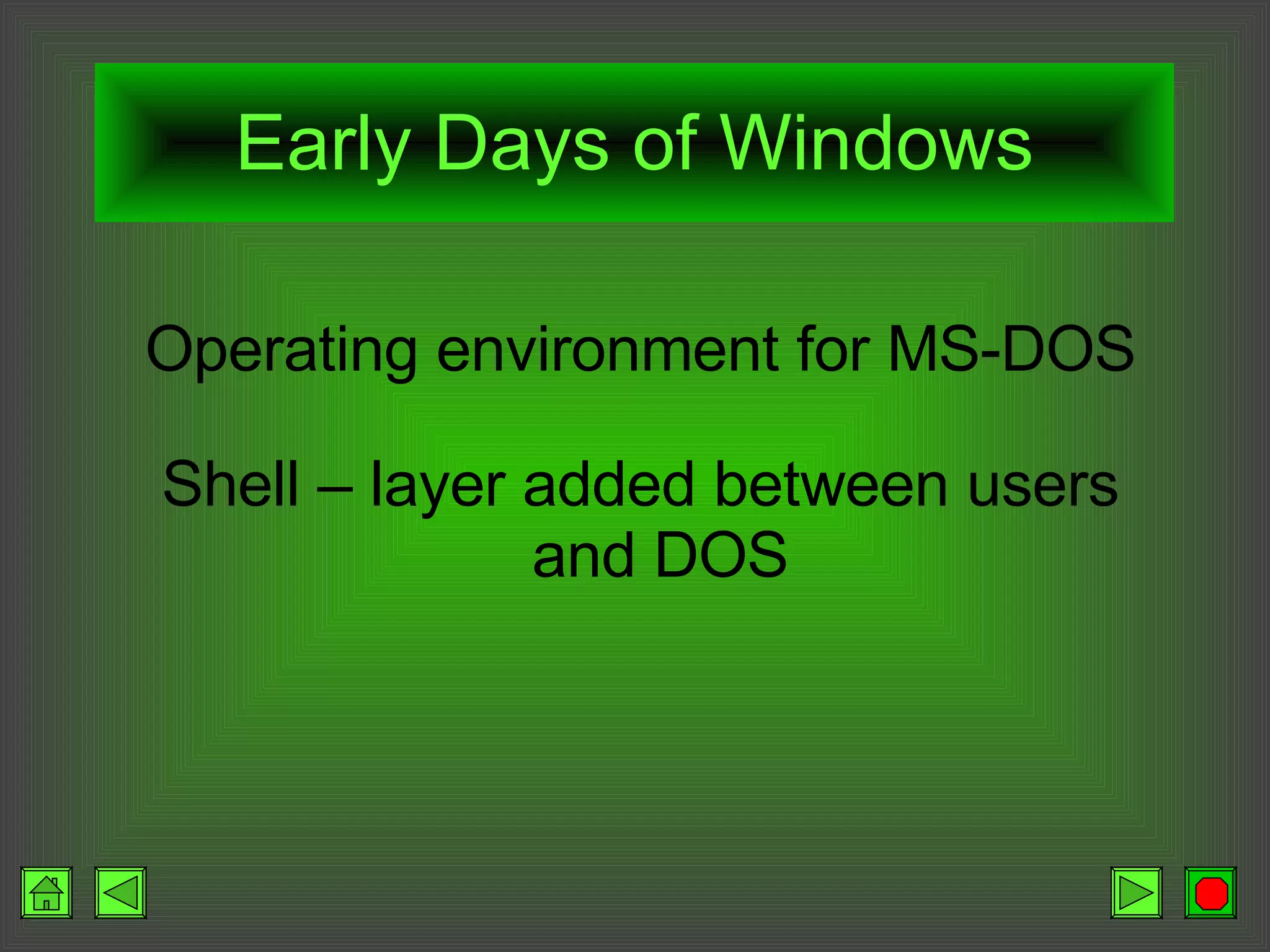 Early Days of Windows Operating environment for MS-DOS Shell – layer added between users and DOS 