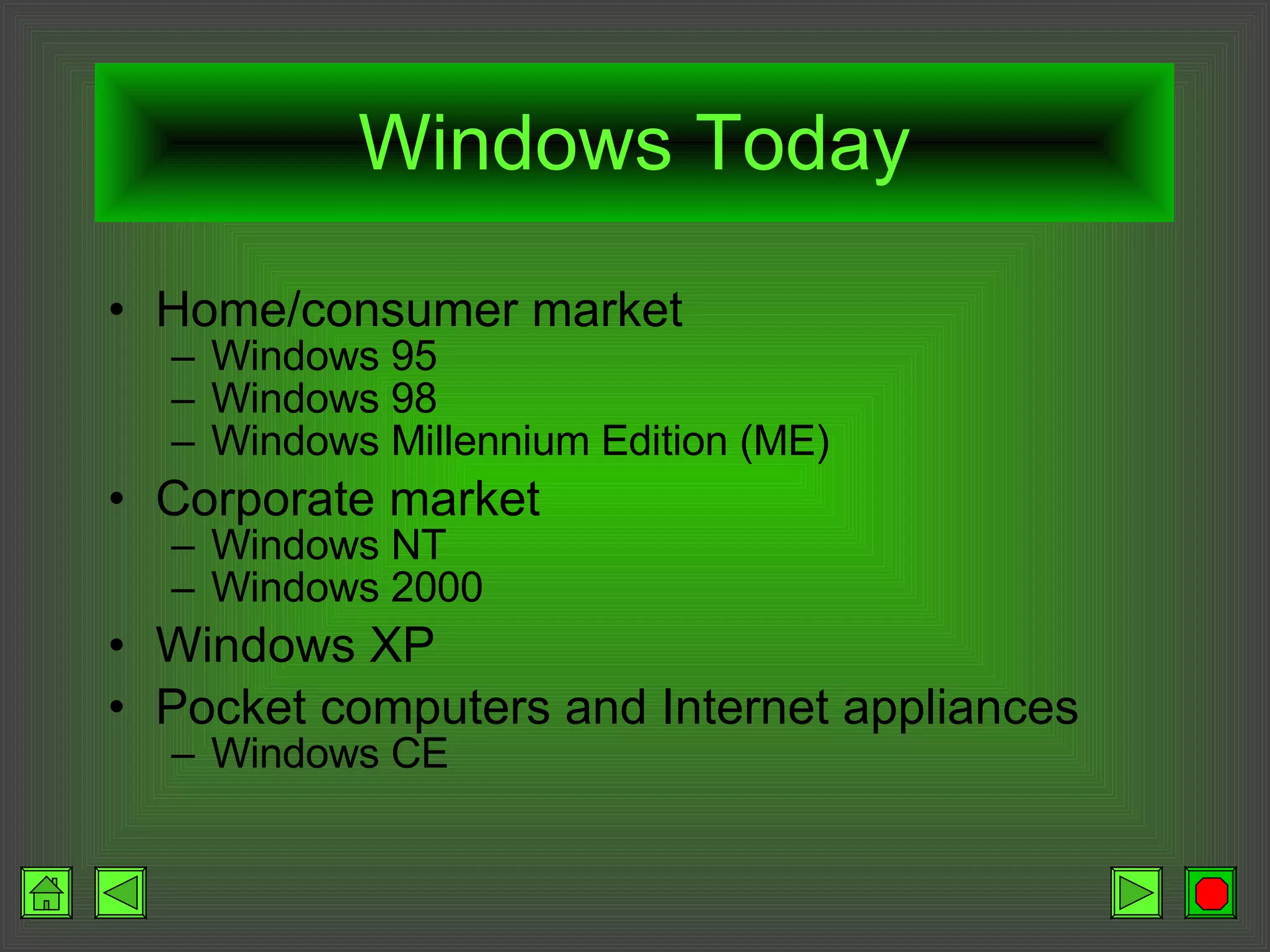 Windows Today Home/consumer market Windows 95 Windows 98 Windows Millennium Edition (ME) Corporate market Windows NT Windows 2000 Windows XP Pocket computers and Internet appliances Windows CE 