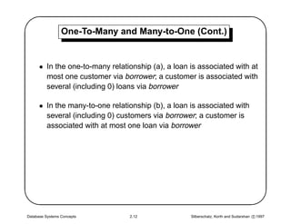 '                One-To-Many and Many-to-One (Cont.)
                                                                                               $
      • In the one-to-many relationship (a), a loan is associated with at
        most one customer via borrower; a customer is associated with
        several (including 0) loans via borrower

      • In the many-to-one relationship (b), a loan is associated with
        several (including 0) customers via borrower; a customer is
        associated with at most one loan via borrower





Database Systems Concepts        2.12               Silberschatz, Korth and Sudarshan c 1997
                                                                                               
 