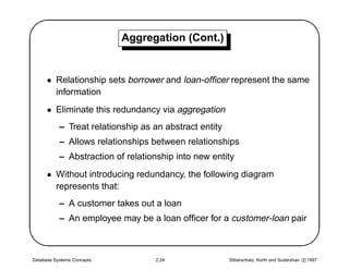 '                           Aggregation (Cont.)
                                                                                                   $
      • Relationship sets borrower and loan-ofﬁcer represent the same
        information
      • Eliminate this redundancy via aggregation
           – Treat relationship as an abstract entity
           – Allows relationships between relationships
           – Abstraction of relationship into new entity
      • Without introducing redundancy, the following diagram




                                                                                                  
        represents that:
           – A customer takes out a loan
           – An employee may be a loan ofﬁcer for a customer-loan pair



Database Systems Concepts          2.24                 Silberschatz, Korth and Sudarshan c 1997
 