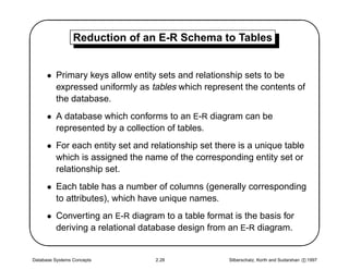 '                Reduction of an E-R Schema to Tables
                                                                                               $
      • Primary keys allow entity sets and relationship sets to be
        expressed uniformly as tables which represent the contents of
        the database.
      • A database which conforms to an E-R diagram can be
        represented by a collection of tables.
      • For each entity set and relationship set there is a unique table
        which is assigned the name of the corresponding entity set or
        relationship set.




                                                                                              
      • Each table has a number of columns (generally corresponding
        to attributes), which have unique names.
      • Converting an E-R diagram to a table format is the basis for
        deriving a relational database design from an E-R diagram.


Database Systems Concepts        2.28               Silberschatz, Korth and Sudarshan c 1997
 