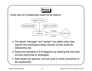 '                                                Roles
                                                                                                                     $
   Entity sets of a relationship need not be distinct

                                     employee-name


                       e-social-security               telephone-number

                                                               manager
                                           employee                          works-for
                                                                worker


      • The labels “manager” and “worker” are called roles; they
        specify how employee entities interact via the works-for




                                                                                                                    
        relationship set.
      • Roles are indicated in E-R diagrams by labeling the lines that
        connect diamonds to rectangles.
      • Role labels are optional, and are used to clarify semantics of
        the relationship

Database Systems Concepts                        2.7                      Silberschatz, Korth and Sudarshan c 1997
 