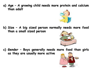 a) Age – A growing child needs more protein and calcium
than adult
b) Size – A big sized person normally needs more food
than a small sized person
c) Gender – Boys generally needs more food than girls
as they are usually more active
 