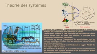 Théorie des systèmes

La théorie des systèmes est un principe selon lequel tout est système, ou
tout peut être conceptualisé selon une logique de système.
Ce principe est formalisé en 1968 par Ludwig von Bertalanffy dans General
System Theory, mais les bases sont multiples, la principale étant
certainement le mouvement cybernétique.
Ces théories ont permis l'établissement de la systémique en tant que
méthode scientifique, et la base théorique associée est aujourd'hui plutôt
appelé théorie systémique.
La théorie des systèmes décrit la réalité observée et suggère d’établir des
liens logiques entre les facteurs.
Elle permet ainsi de découvrir que les causalités linéaires simplistes ne sont
pas suffisantes pour expliquer les choses et que les corrélations établies
entre les facteurs sont très nombreuses.

 