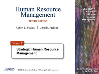 Human Resource
Management
TENTH EDITON
© 2003 Southwestern College Publishing. All rights reserved.
PowerPoint Presentation
by Charlie Cook
Strategic Human Resource
Management
SECTION 1
Nature of
Human
Resource
Management
Chapter 2
Robert L. Mathis John H. Jackson
 