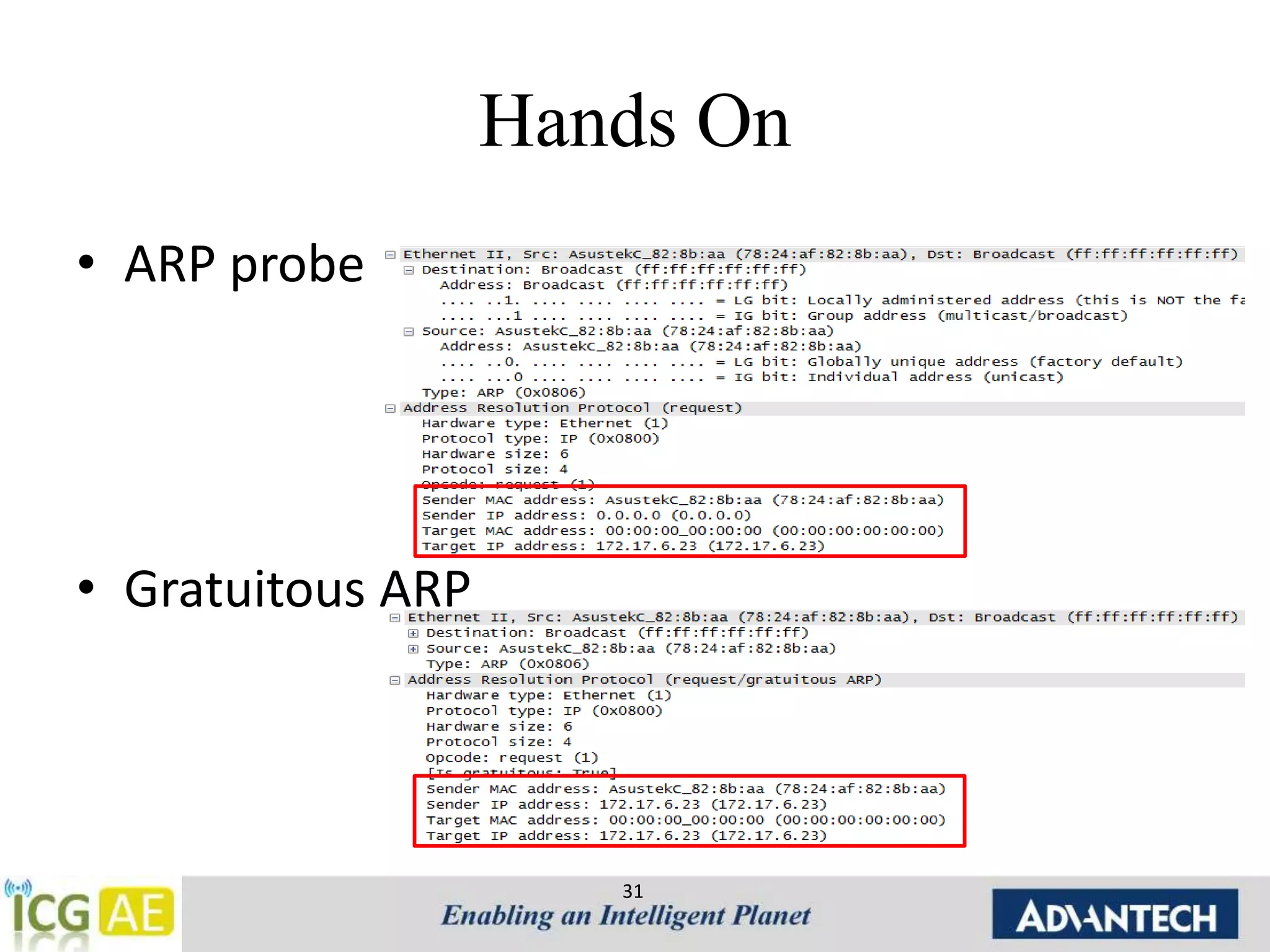 Hands On 
• ARP probe 
• Gratuitous ARP 
31 
 