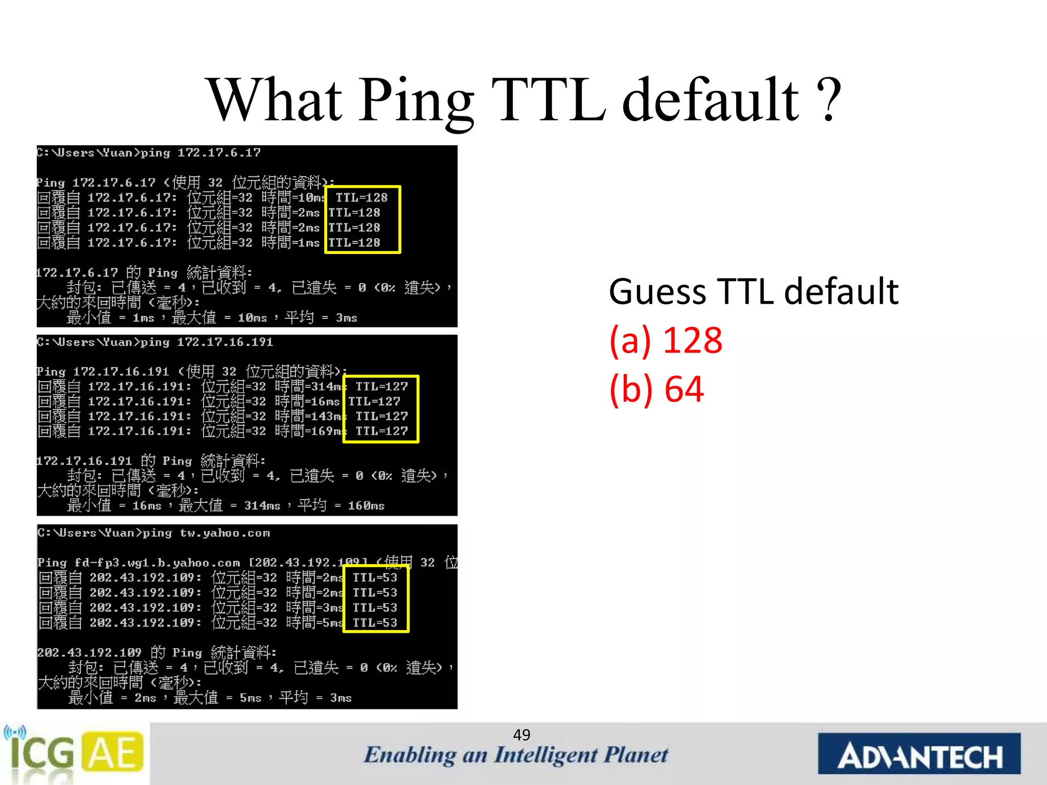 What Ping TTL default ? 
49 
Guess TTL default 
(a) 128 
(b) 64 
 