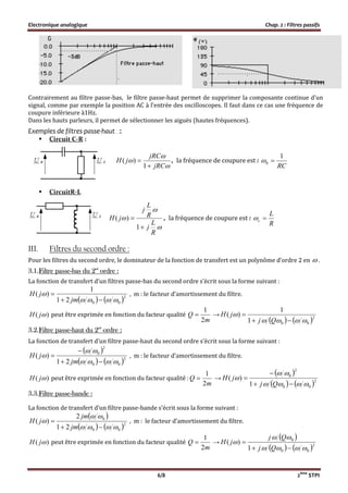 Electronique analogique Chap. 2 : Filtres passifs
6/8 2ème
STPI
Contrairement au filtre passe-bas, le filtre passe-haut permet de supprimer la composante continue d’un
signal, comme par exemple la position AC à l’entrée des oscilloscopes. Il faut dans ce cas une fréquence de
coupure inférieure à1Hz.
Dans les hauts parleurs, il permet de sélectionner les aiguës (hautes fréquences).
Exemples de filtres passe-haut :
 Circuit C-R :



jRC
jRC
jH


1
)( , la fréquence de coupure est :
RC
1
0 
 CircuitR-L



R
L
j
R
L
j
jH


1
)( , la fréquence de coupure est :
R
L
c 
III. Filtres du second ordre :
Pour les filtres du second ordre, le dominateur de la fonction de transfert est un polynôme d’ordre 2 en  .
3.1.Filtre passe-bas du 2nd
ordre :
La fonction de transfert d’un filtres passe-bas du second ordre s’écrit sous la forme suivant :
   2
0021
1
)(




jm
jH , m : le facteur d’amortissement du filtre.
)( jH peut être exprimée en fonction du facteur qualité
m
Q
2
1
 →
   2
001
1
)(




Qj
jH
3.2.Filtre passe-haut du 2nd
ordre :
La fonction de transfert d’un filtre passe-haut du second ordre s’écrit sous la forme suivant :
 
   2
00
2
0
21
)(






jm
jH , m : le facteur d’amortissement du filtre.
)( jH peut être exprimée en fonction du facteur qualité :
m
Q
2
1
 →
 
   2
00
2
0
1
)(






Qj
jH
3.3.Filtre passe-bande :
La fonction de transfert d’un filtre passe-bande s’écrit sous la forme suivant :
 
   2
00
0
21
2
)(





jm
jm
jH , m : le facteur d’amortissement du filtre.
)( jH peut être exprimée en fonction du facteur qualité
m
Q
2
1
 →
 
   2
00
0
1
)(





Qj
Qj
jH
 