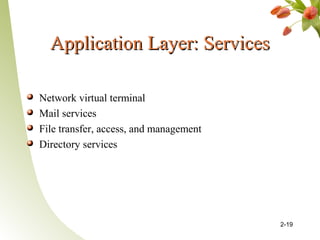 Application Layer: ServicesApplication Layer: Services
Network virtual terminal
Mail services
File transfer, access, and management
Directory services
2-19
 
