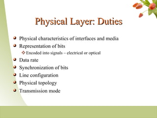Physical Layer: DutiesPhysical Layer: Duties
Physical characteristics of interfaces and media
Representation of bits
Encoded into signals – electrical or optical
Data rate
Synchronization of bits
Line configuration
Physical topology
Transmission mode
2-7
 