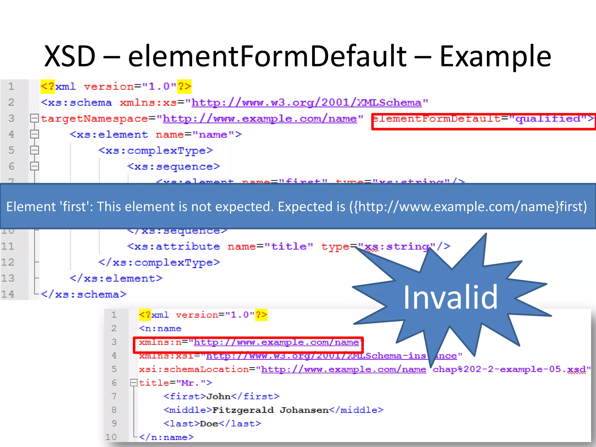 XSD – elementFormDefault – Example Invalid Element 'first': This element is not expected. Expected is ({http://www.example.com/name}first) 