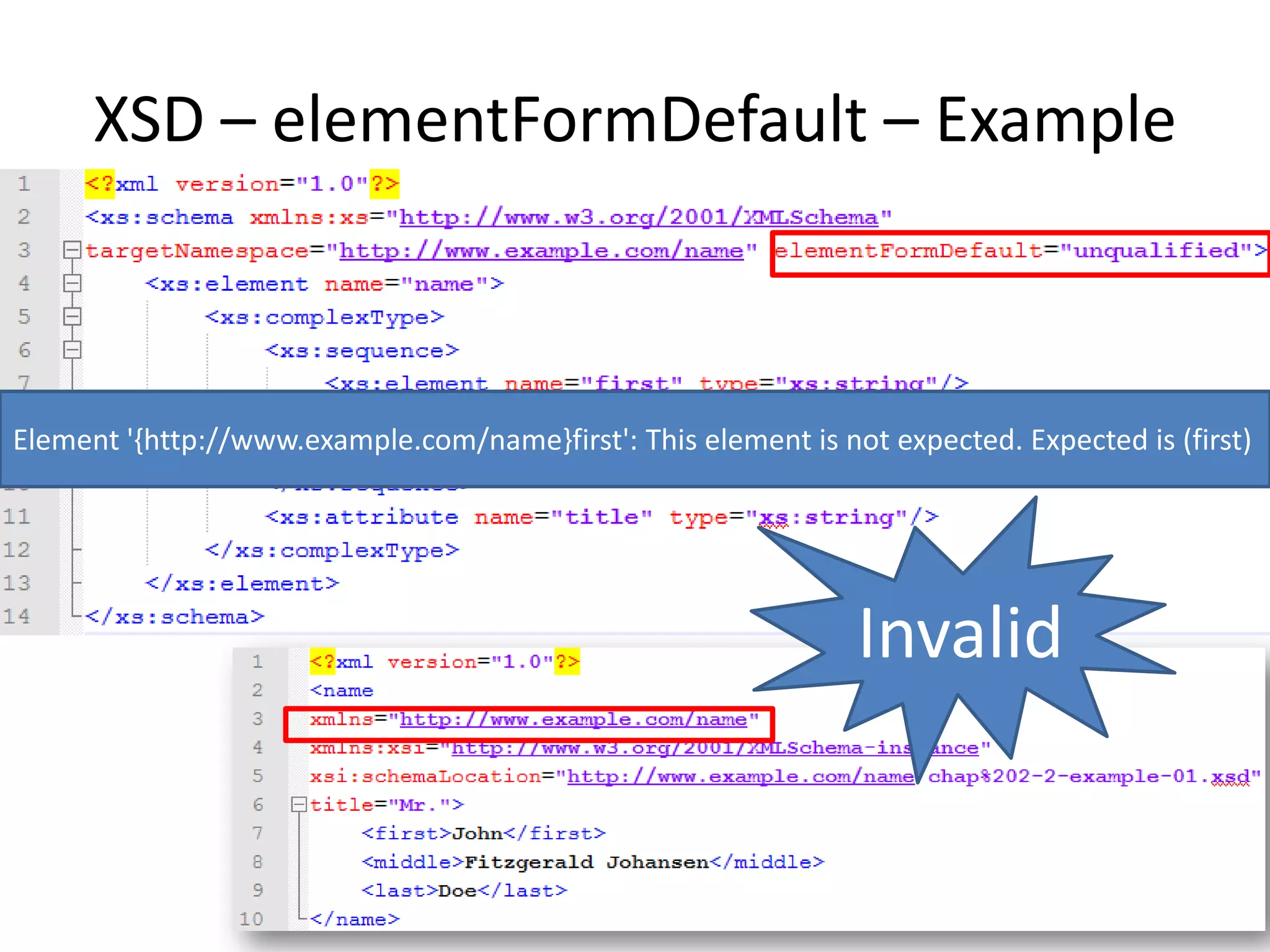 XSD – elementFormDefault – Example Invalid Element '{http://www.example.com/name}first': This element is not expected. Expected is (first) 