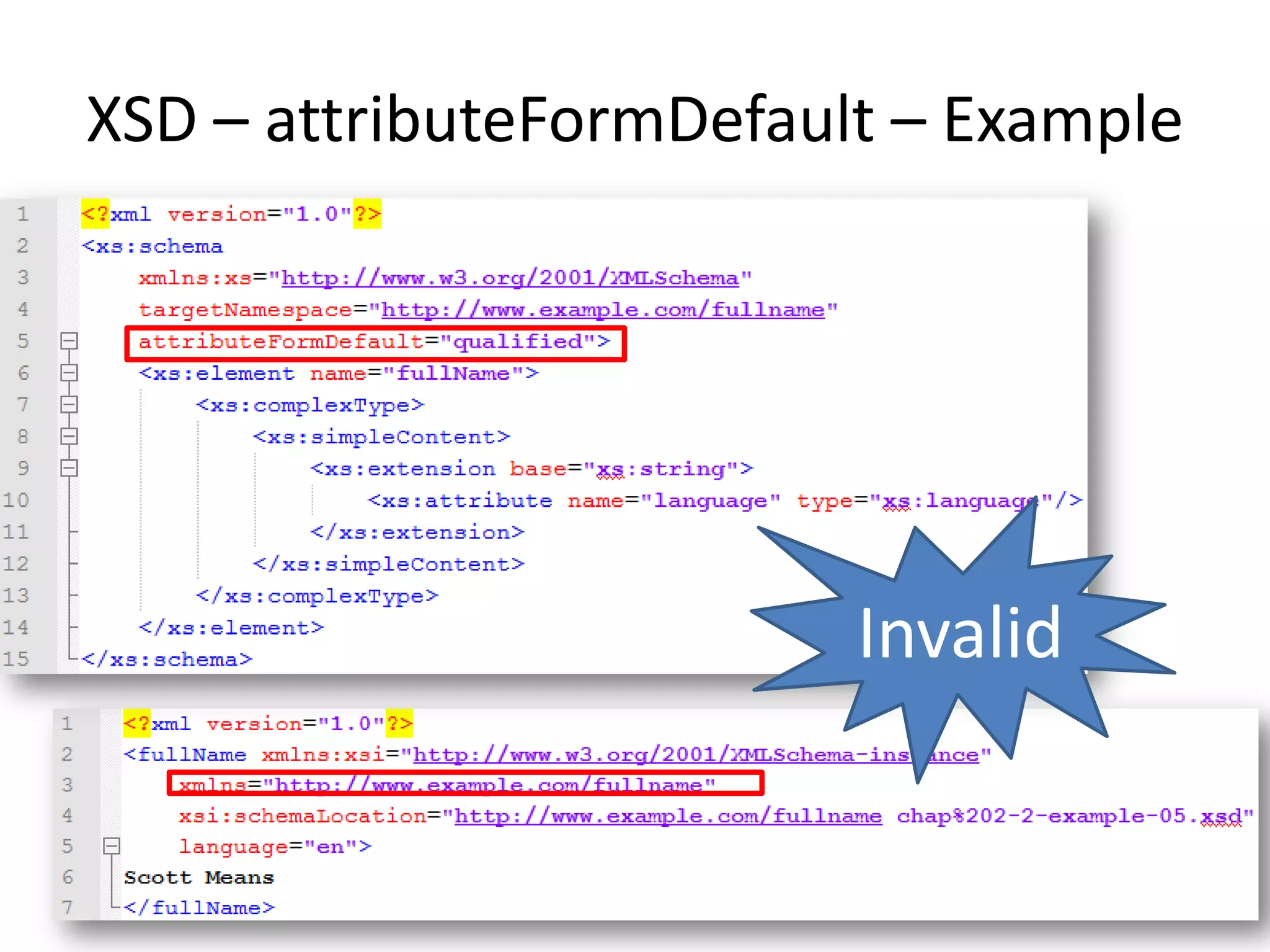 XSD – attributeFormDefault – Example Invalid 