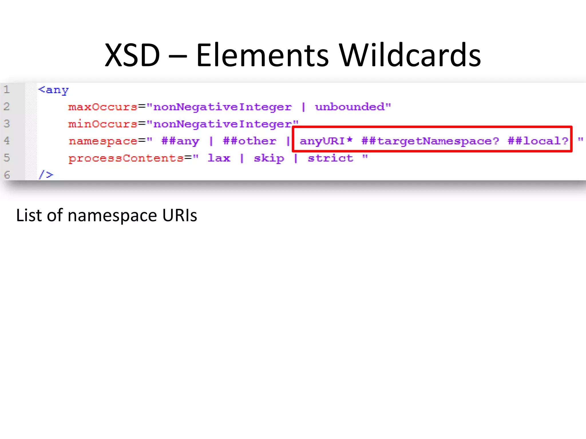 XSD – Elements Wildcards List of namespace URIs 