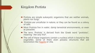 Kingdom Protista
 Protista are simple eukaryotic organisms that are neither animals,
plants nor fungi.
 Protista are unicellular in nature, or they can be found as a colony
of cells.
 Most Protista live in water, damp terrestrial environments, or even
as parasites.
 The term ‘Protista’ is derived from the Greek word “protistos”,
meaning “the very first“.
 The cell of these organisms contain a nucleus which is bound to the
organelles. Some of them even possess structures that aid
locomotion like flagella or cilia.
 