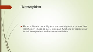 Pleomorphism
 Pleomorphism is the ability of some microorganisms to alter their
morphology( shape & size), biological functions or reproductive
modes in response to environmental conditions.
 