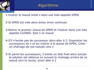21
Algorithme
1-Insérer le noeud initial s dans une liste appelée OPEN
2-Si OPEN est vide alors échec sinon continuer
3-Retirer le premier noeud de OPEN et l’insérer dans une liste
appelée CLOSED. Soit n ce noeud.
4-S’il n’existe pas de successeur alors aller à 2. Engendrer les
successeurs de n et les insérer à la queue de OPEN. Créer
un chaînage de ces noeuds vers n
5-Si parmi les successeurs, il existe un état final alors succès:
la solution est obtenue en suivant le chaînage arrière de ce
noeud vers la racine, sinon aller à 2
 