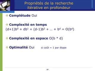 37
Propriétés de la recherche
itérative en profondeur
™ Complétude Oui
™ Complexité en temps
(d+1)b0 + db1 + (d-1)b2 + … + bd = O(bd)
™ Complexité en espace O(b * d)
™ Optimalité Oui si coût = 1 par étape
 