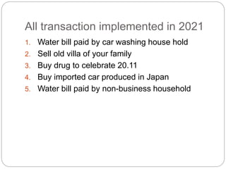 All transaction implemented in 2021
1. Water bill paid by car washing house hold
2. Sell old villa of your family
3. Buy drug to celebrate 20.11
4. Buy imported car produced in Japan
5. Water bill paid by non-business household
 