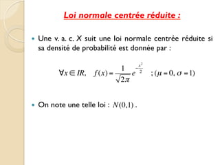 Loi normale centrée réduite :
— Une v. a. c. X suit une loi normale centrée réduite si
sa densité de probabilité est donnée par :
— On note une telle loi : .
∀x ∈ IR, f (x) =
1
2π
e
−
x2
2
; (µ = 0, σ =1)
N(0,1)
 